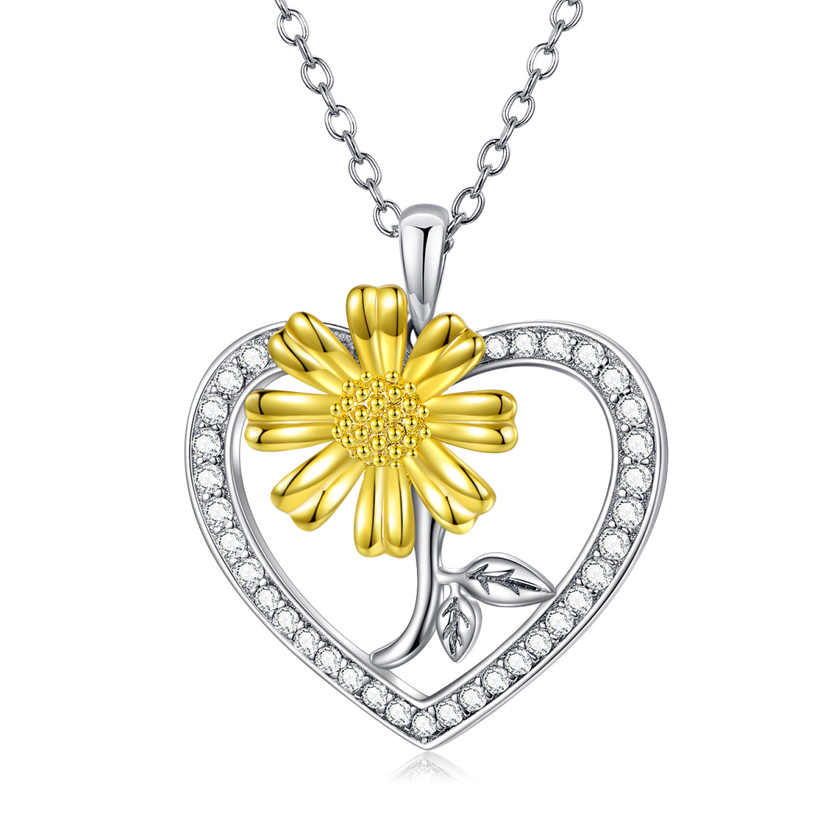 Sterling Silver Two-tone Sunflower Heart Necklace for Women-1