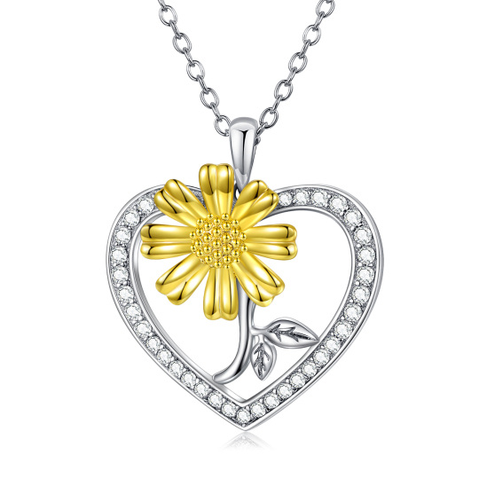 Sterling Silver Two-tone Sunflower Heart Necklace for Women