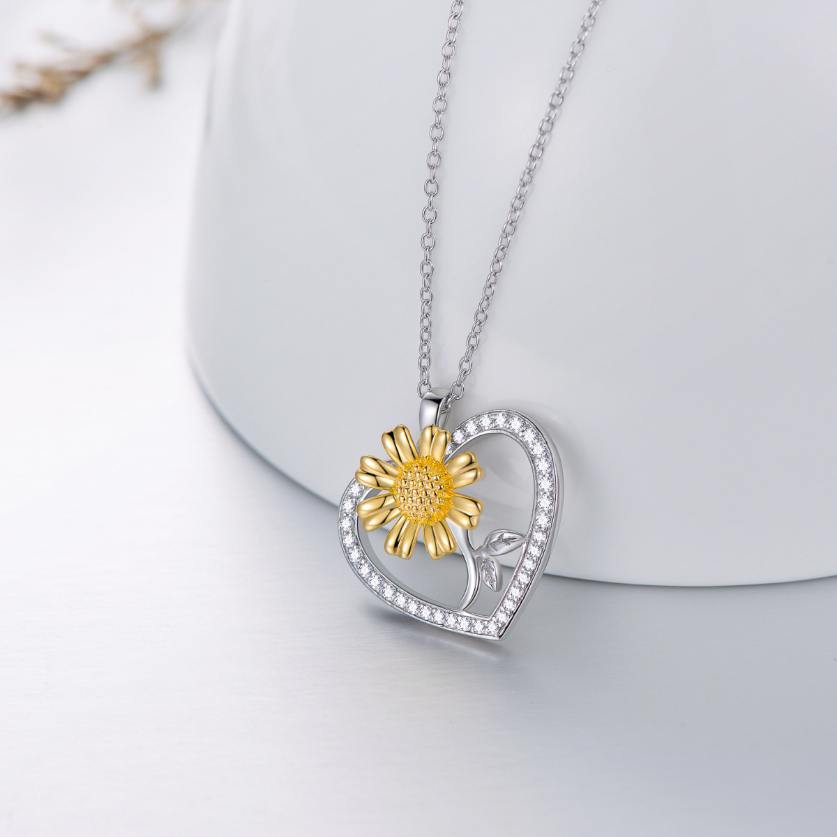 Sterling Silver Two-tone Sunflower Heart Necklace for Women-3