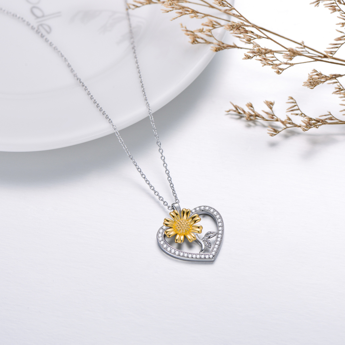 Sterling Silver Two-tone Sunflower Heart Necklace for Women-4