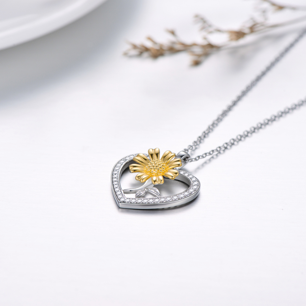 Sterling Silver Two-tone Sunflower Heart Necklace for Women-5