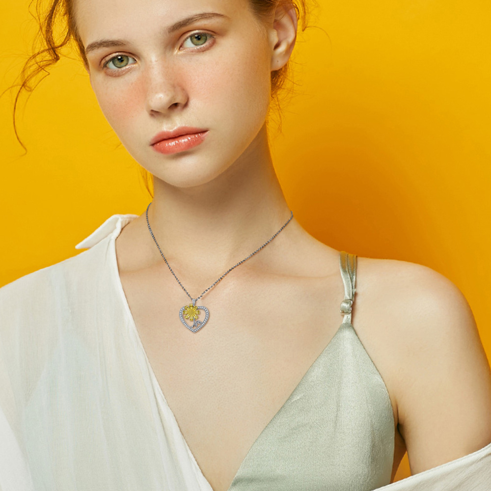 Collier en argent sterling avec cœur de tournesol bicolore pour femme-2