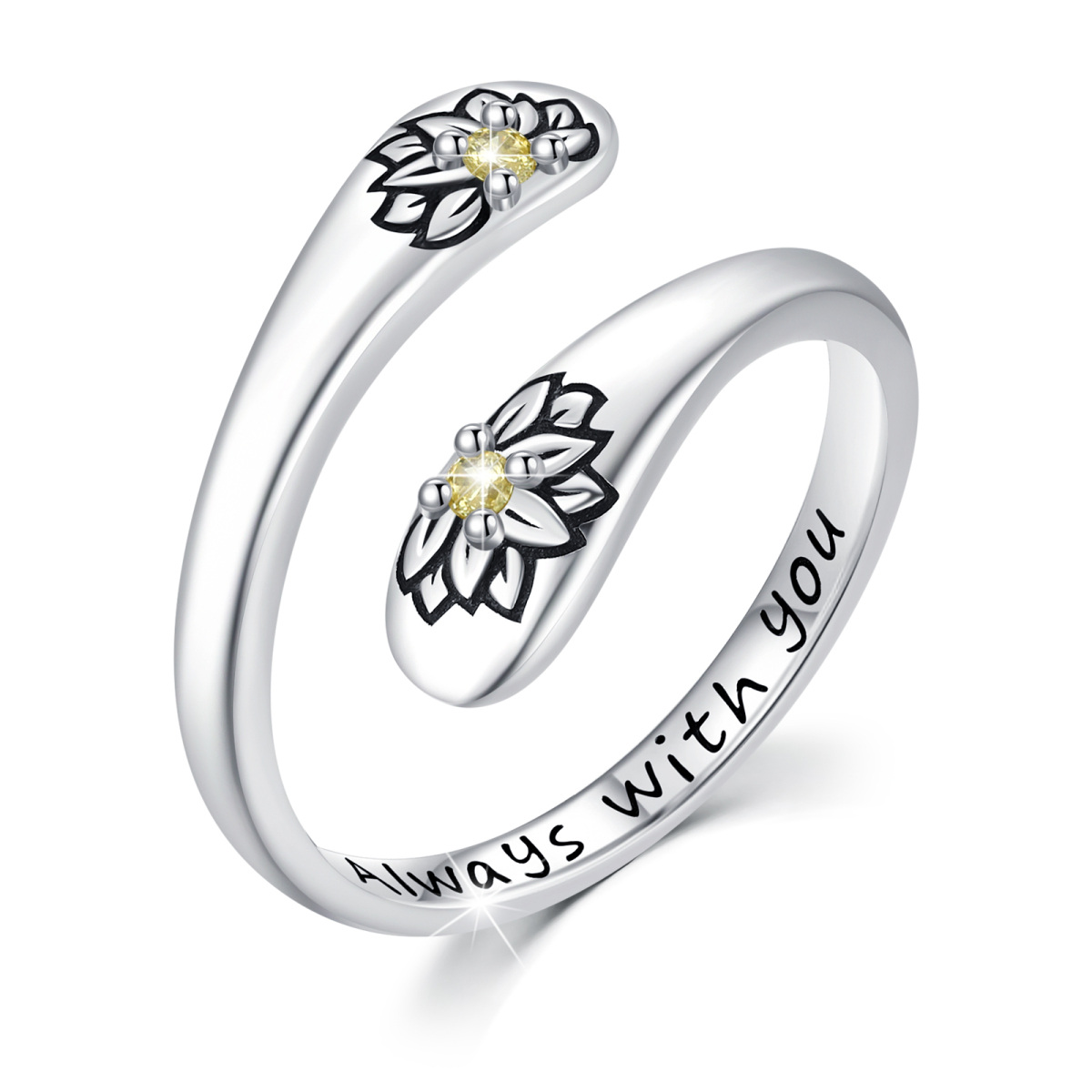 Sterling Silver Cubic Zirconia Sunflower Open Ring-1