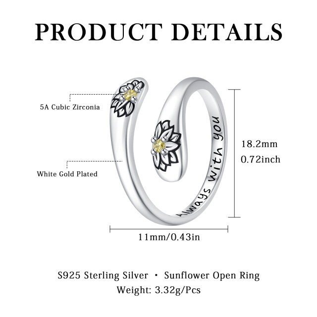 Anello aperto con girasole in argento 925 con zirconia cubica-4