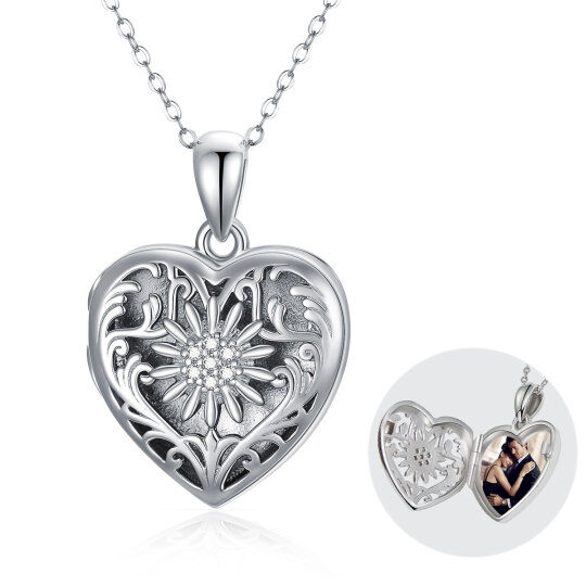 Sterling Silver Cubic Zirconia Sunflower & Personalized Photo & Heart Personalized Photo Locket Necklace with Engraved Word