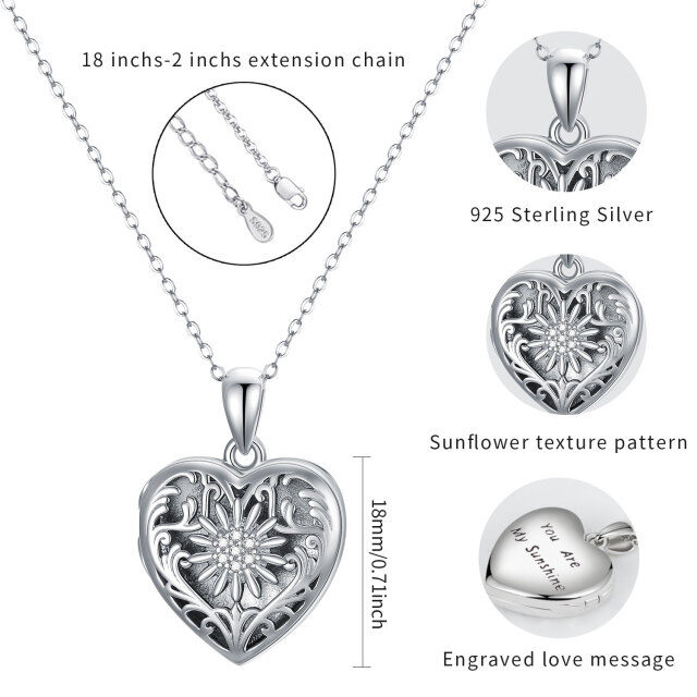 Sterling Silver Cubic Zirconia Sunflower & Personalized Photo & Heart Personalized Photo Locket Necklace with Engraved Word-3