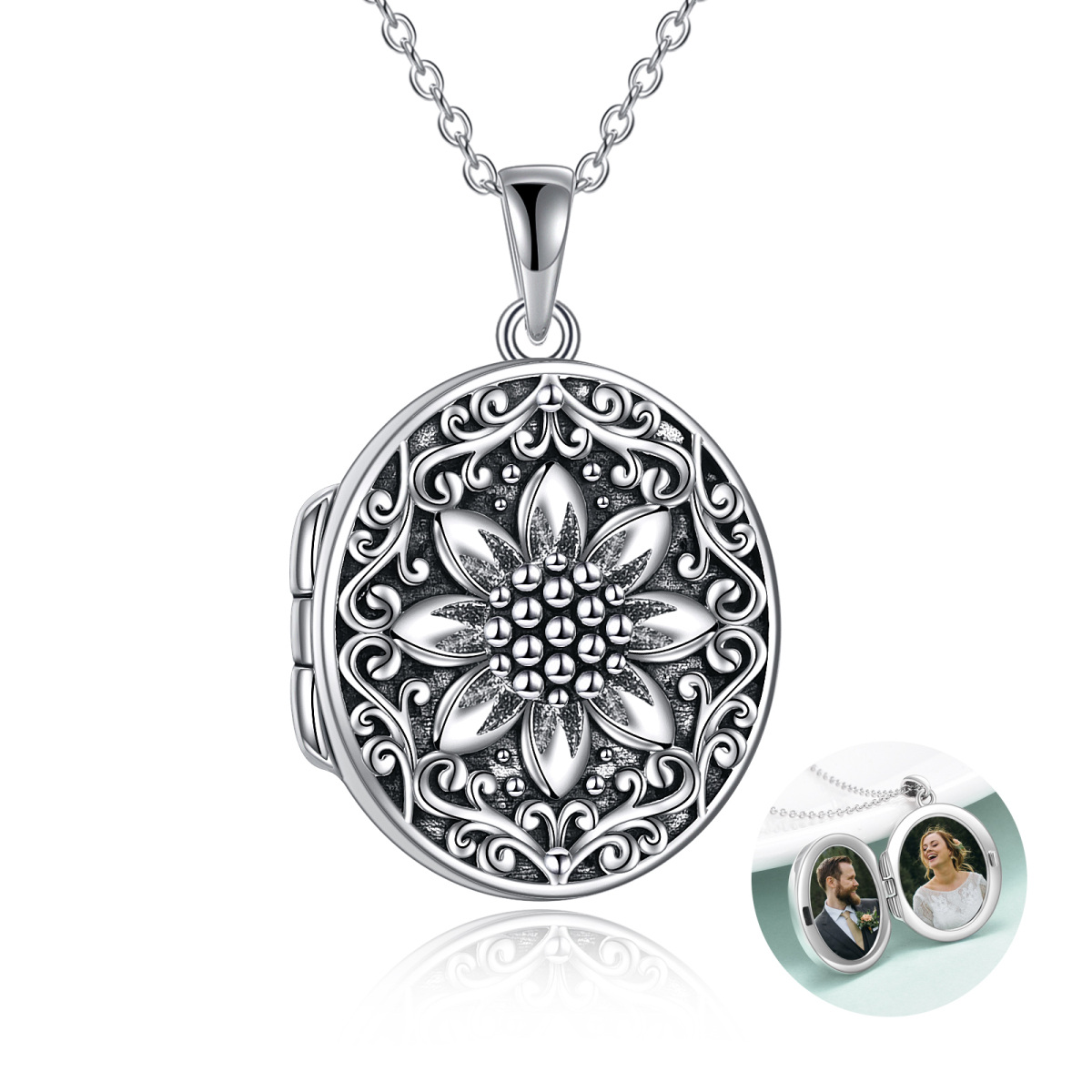 Sterling Silver Sunflower With Personalized Photo Locket Necklace For Women-1