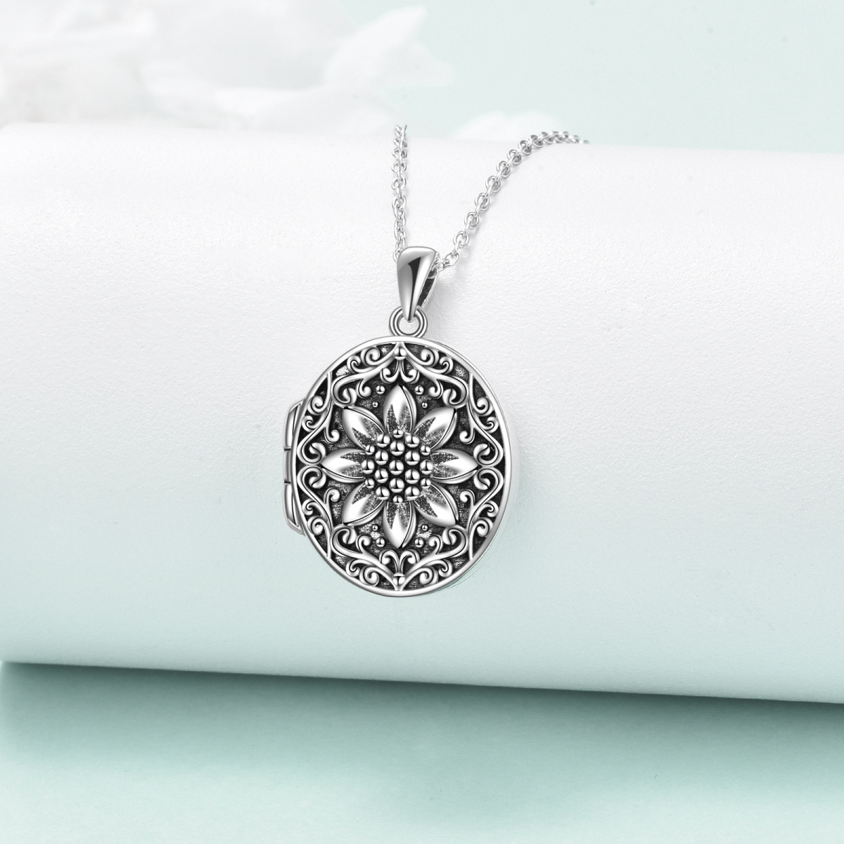 Sterling Silver Sunflower With Personalized Photo Locket Necklace For Women-3