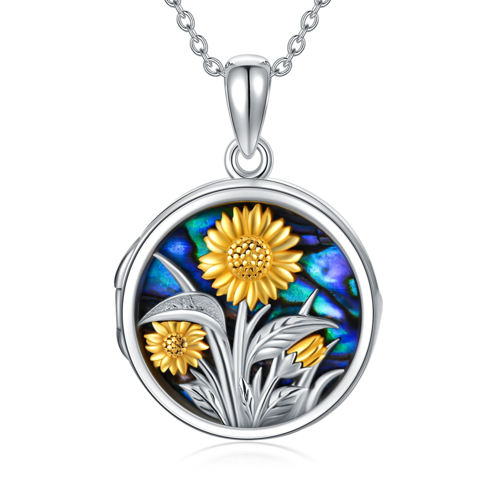Sterling Silver Sunflower Personalized Photo Locket Necklace-3