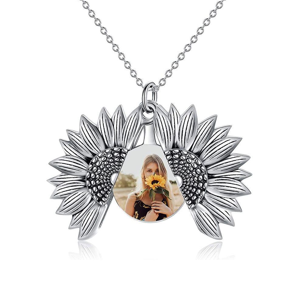 Sterling Silver Sunflower Personalized Photo Locket Necklace with Engraved Word-1