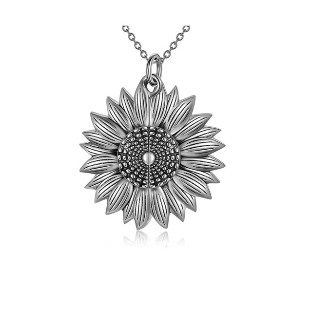 Sterling Silver Sunflower Personalized Photo Locket Necklace with Engraved Word-3