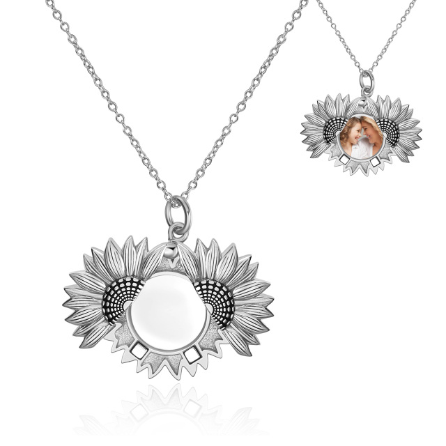 Sterling Silver Sunflower & Personalized Photo Personalized Photo Locket Necklace with Engraved Word-1