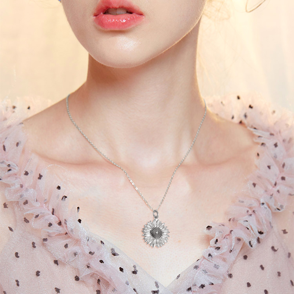 Collar con medallón de foto personalizado de girasol de plata de ley con palabra grabada para mujer-2