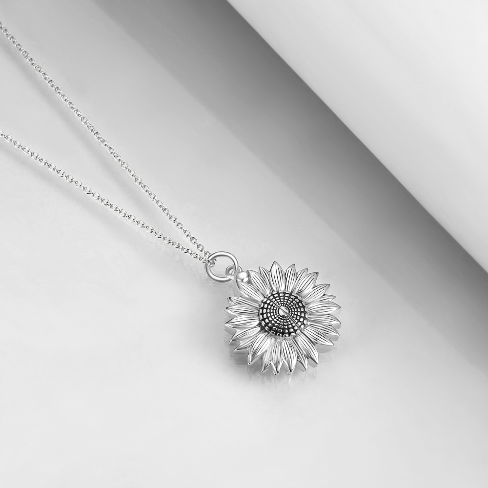 Collar con medallón de foto personalizado de girasol de plata de ley con palabra grabada para mujer-3