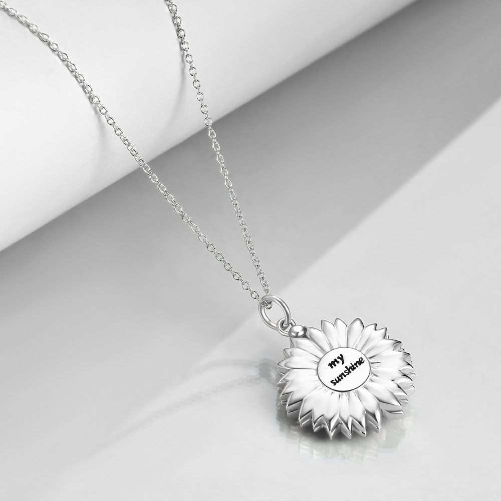 Collar con medallón de foto personalizado de girasol de plata de ley con palabra grabada para mujer-4
