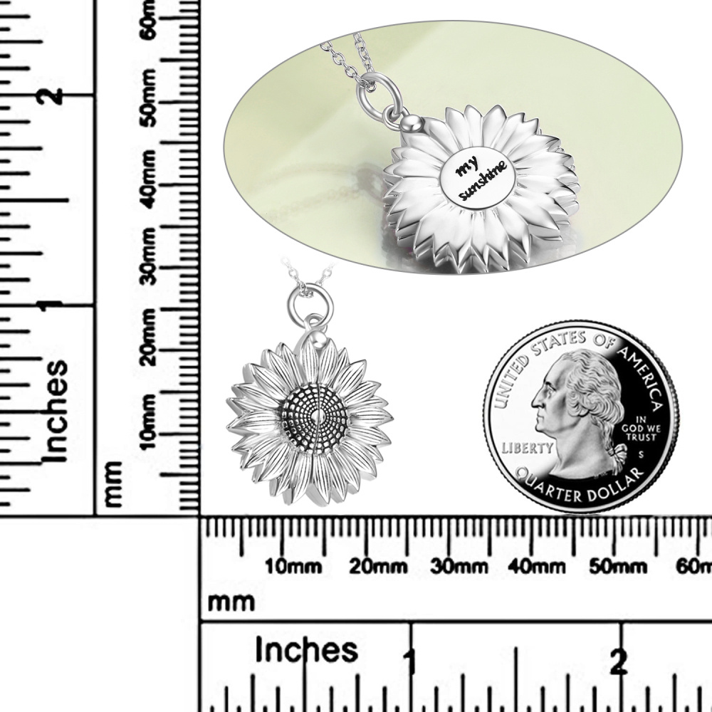 Collar con medallón de foto personalizado de girasol de plata de ley con palabra grabada para mujer-5