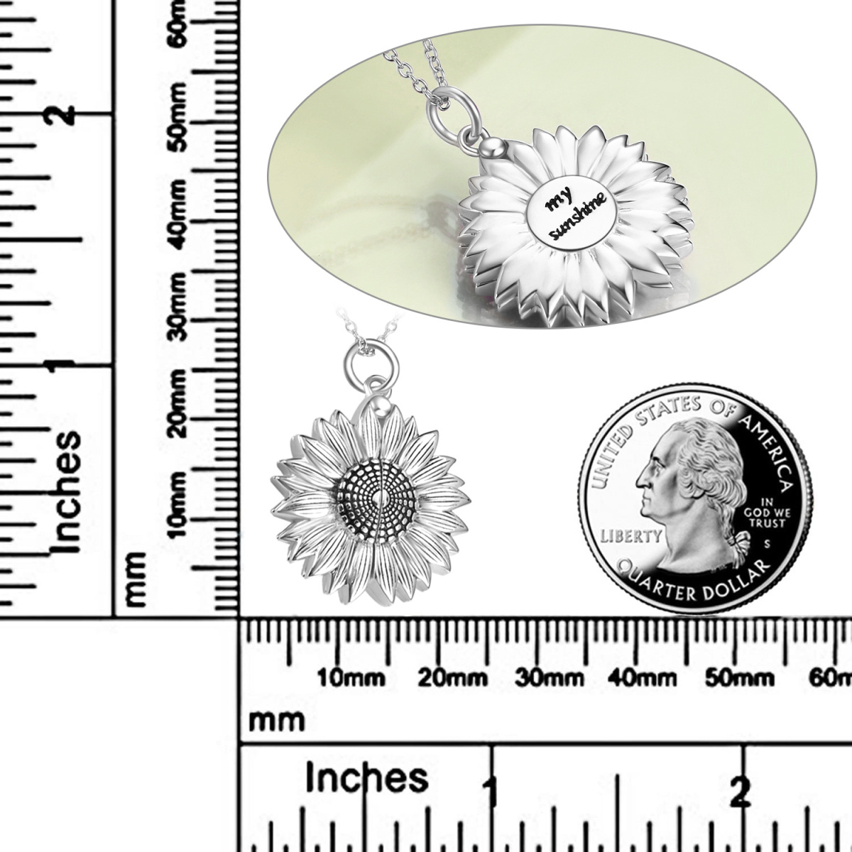 Sterling Silver Sunflower & Personalized Photo Personalized Photo Locket Necklace with Engraved Word-5