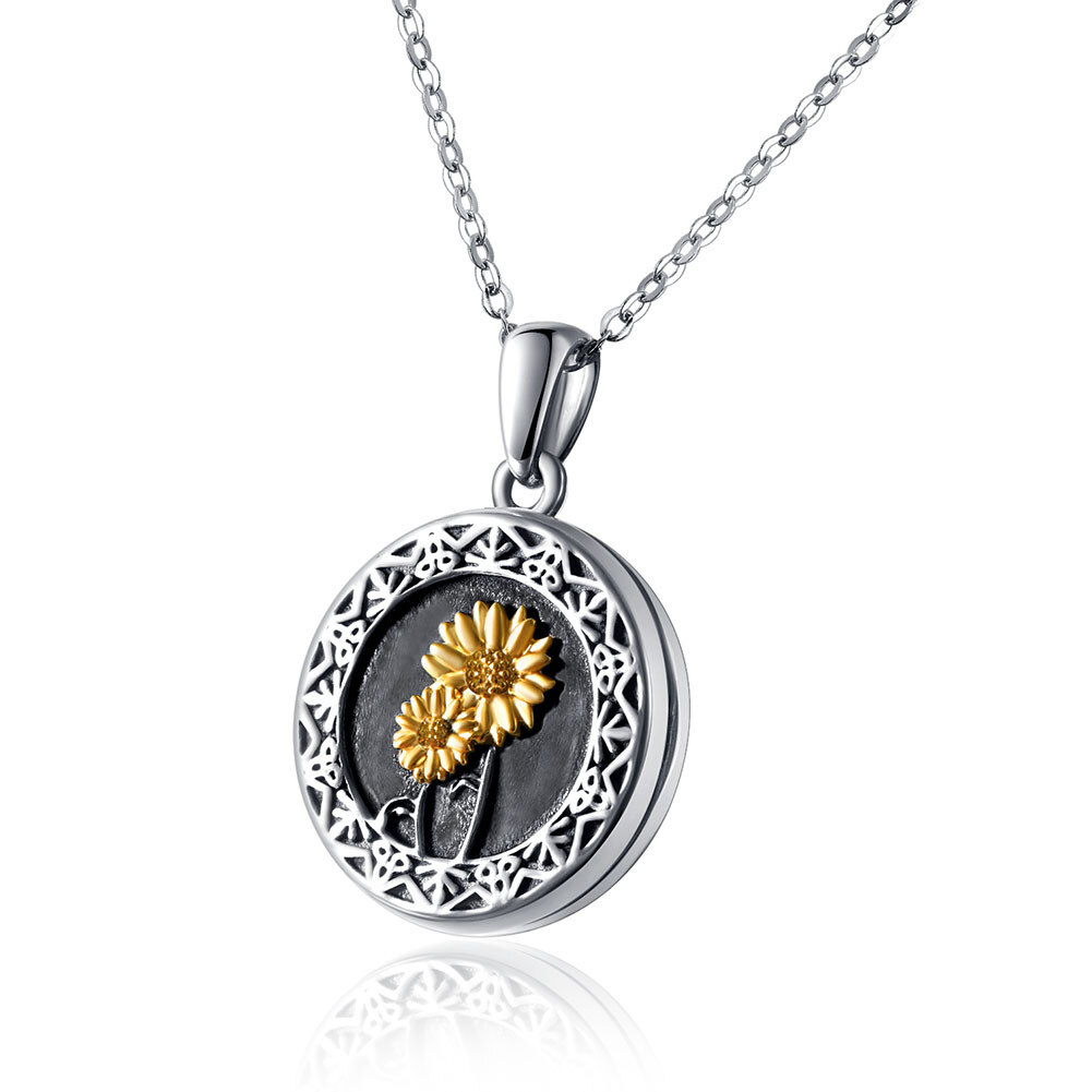 Sterling Silver Sunflower Personalized Photo Locket Necklace-1