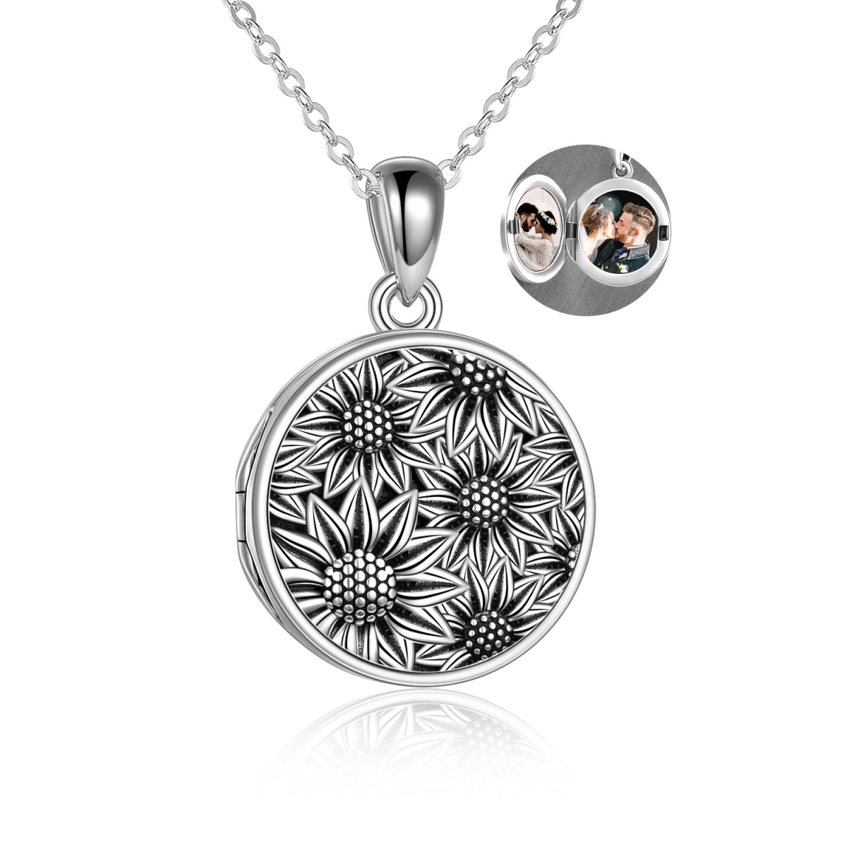 Sterling Silver Sunflower Personalized Photo Locket Necklace With Engraved Word For Women-1