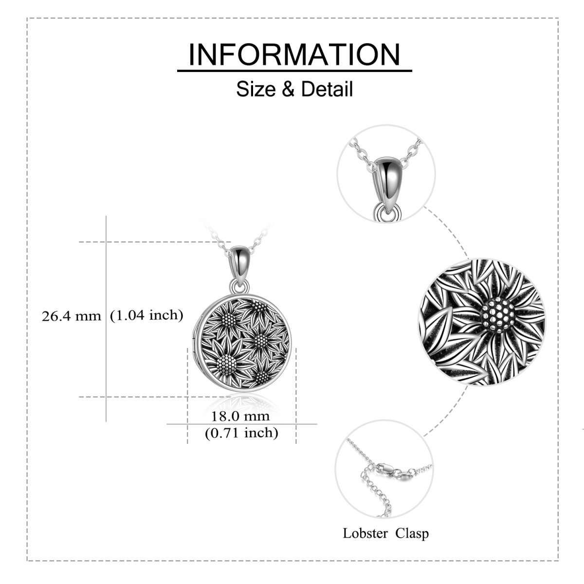 Sterling Silver Sunflower Personalized Photo Locket Necklace With Engraved Word For Women-5