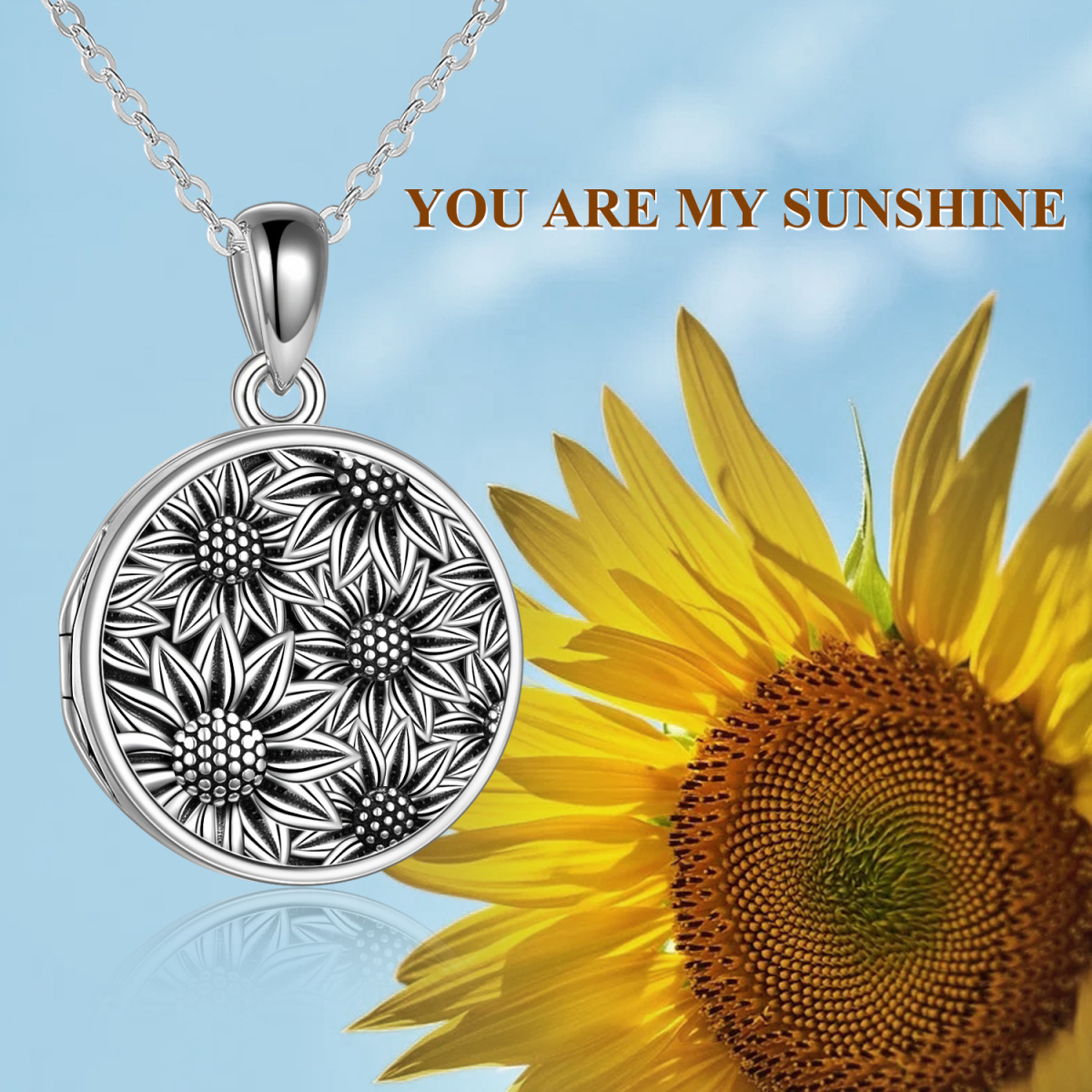 Sterling Silver Sunflower Personalized Photo Locket Necklace With Engraved Word For Women-6