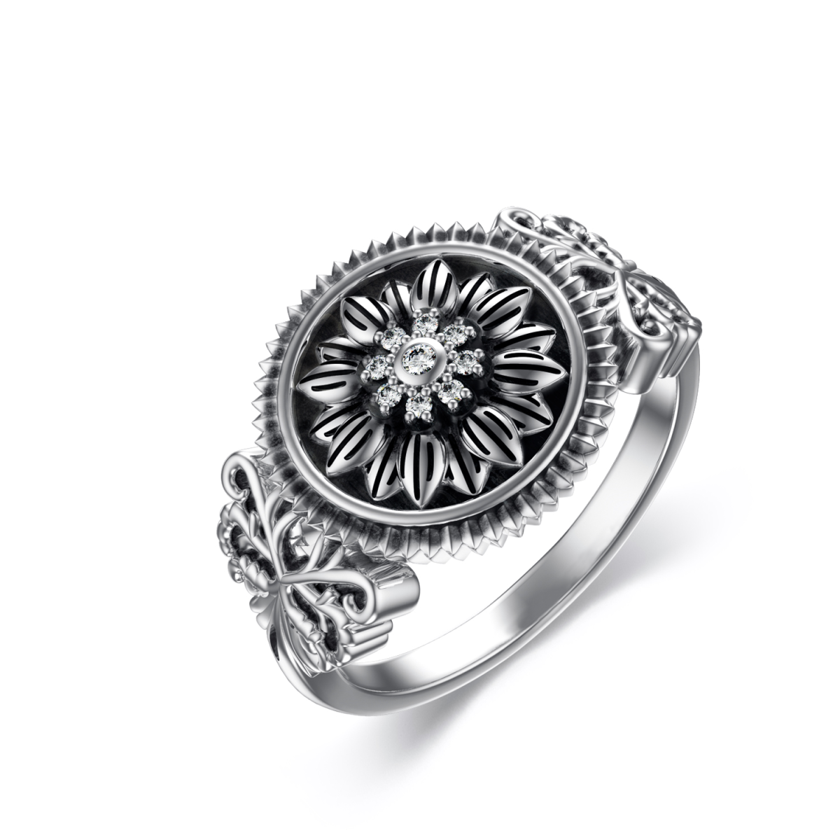 Sterling Silver Cubic Zirconia Sunflower Signet Ring-1