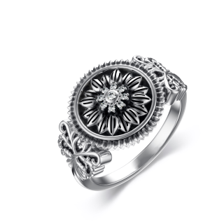 Anillo de sello de girasol con circonita cúbica en plata de ley-13
