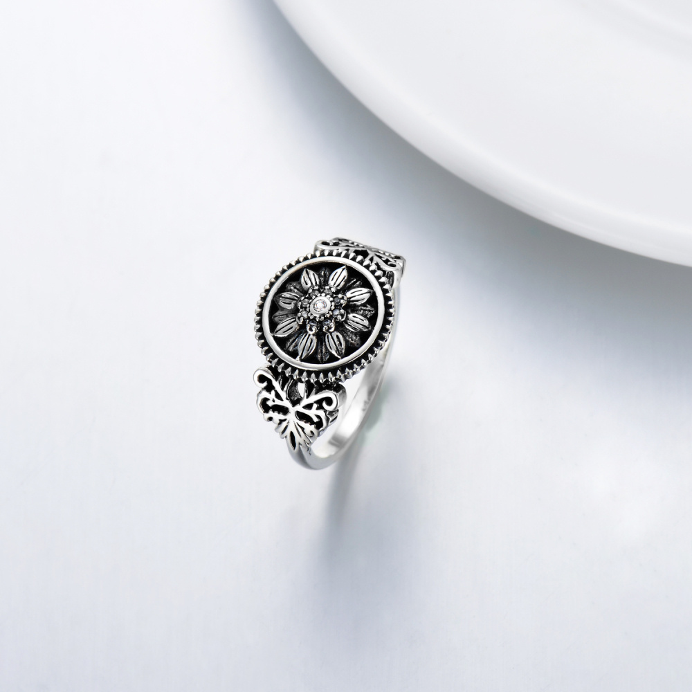 Anello con sigillo a forma di girasole in argento sterling con zirconi cubici-3