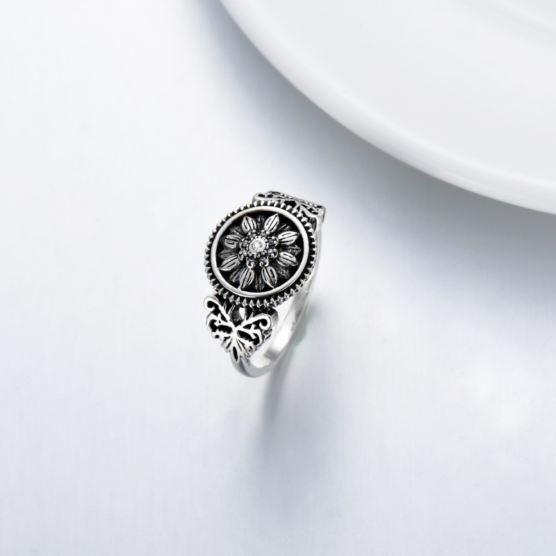 Siegelring aus Sterlingsilber mit Zirkonia und Sonnenblumenmotiv-3