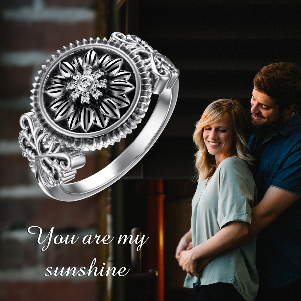Anello con sigillo a forma di girasole in argento sterling con zirconi cubici-4