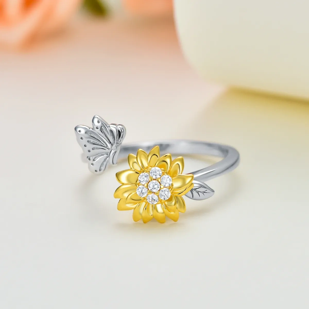 Anillo giratorio de girasol de plata de ley-4