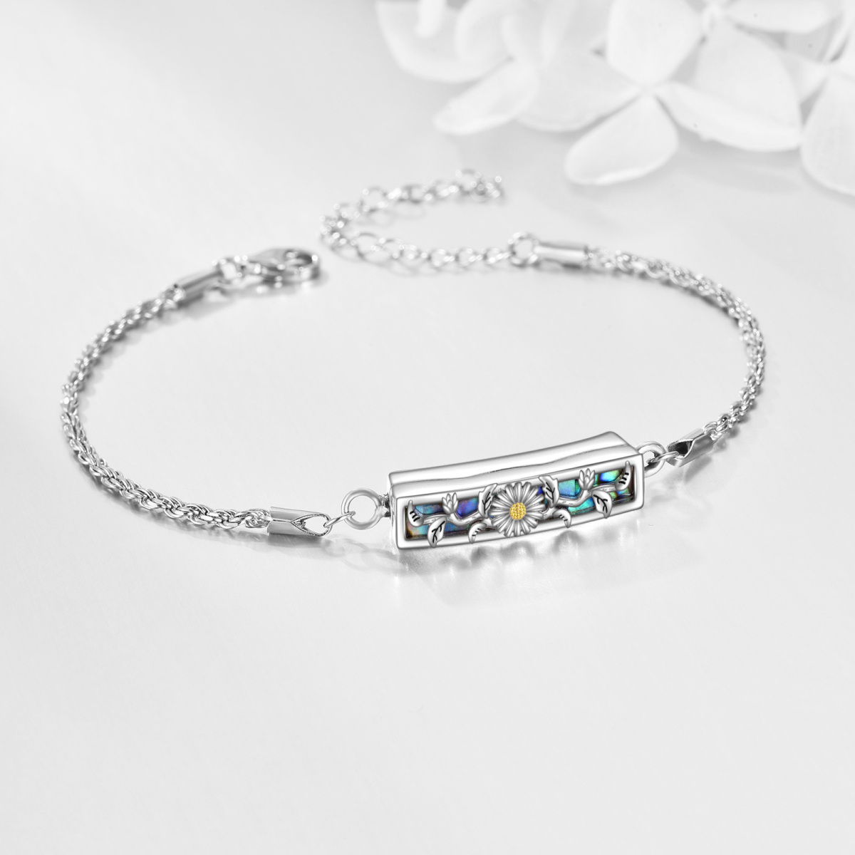 Pulsera de urna de plata de ley con forma de girasol para cenizas-3