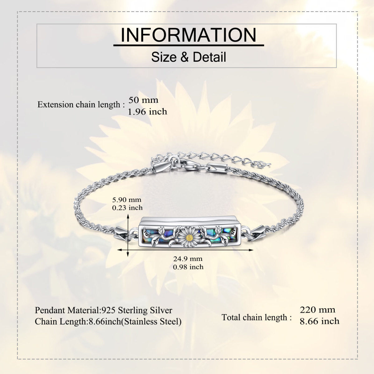 Bracelet urne funéraire en argent sterling avec tournesol-5