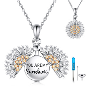 Sterling Silver Cubic Zirconia Sunflower Urn Necklace for Ashes with Engraved Word-34