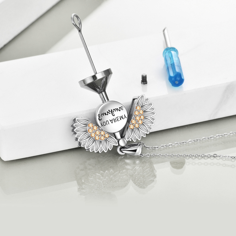 Sterling Silver Cubic Zirconia Sunflower Urn Necklace for Ashes with Engraved Word-5