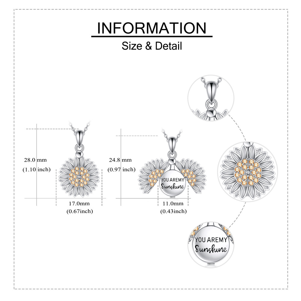 Sterling Silver Cubic Zirconia Sunflower Urn Necklace for Ashes with Engraved Word-6