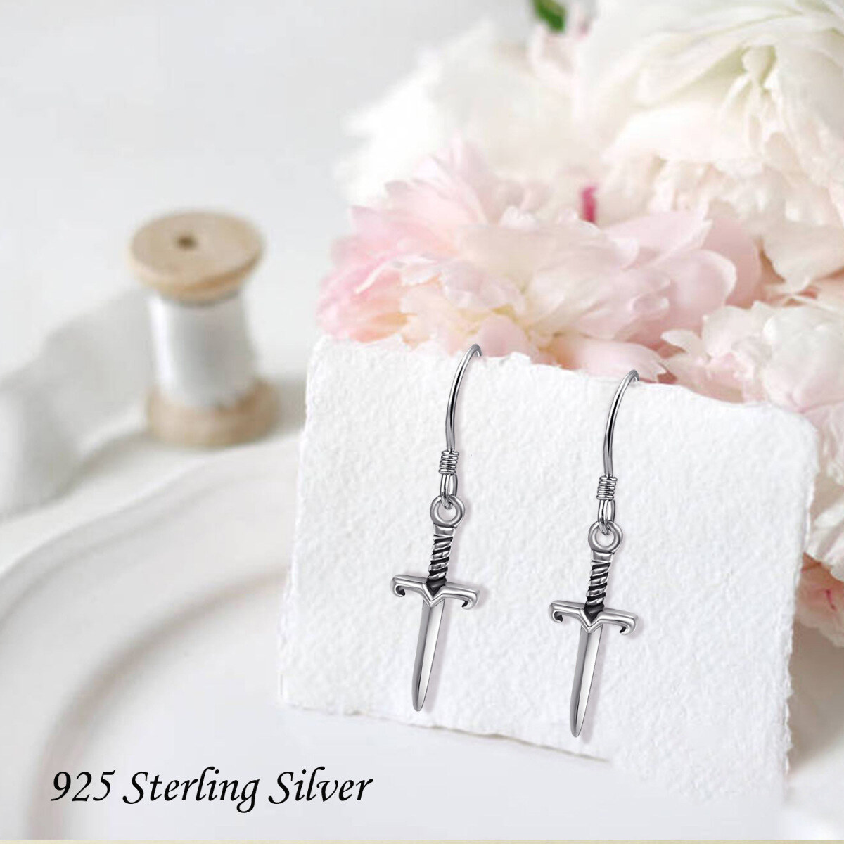 Sterling Silver Sword Drop Earrings-4