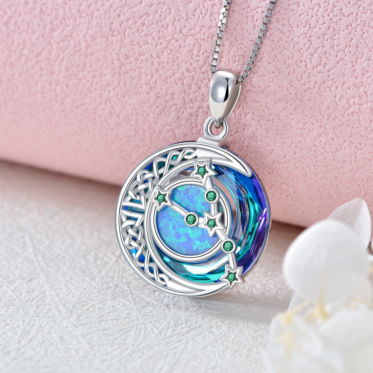 Sterling Silver Taurus Circular Opal With Crystal Pendant Necklace-3