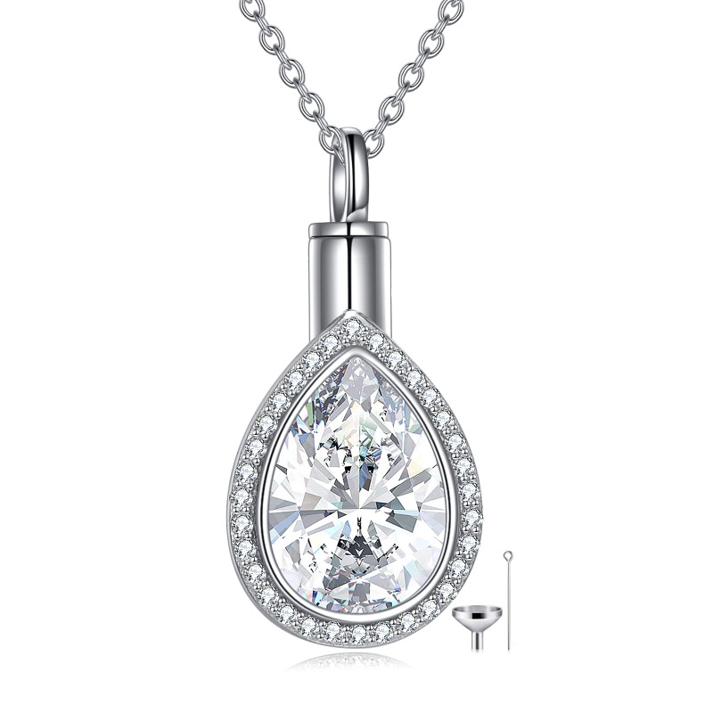 Sterling Silver Cubic Zirconia Tear Drop Shape Urn Necklace for Ashes-18