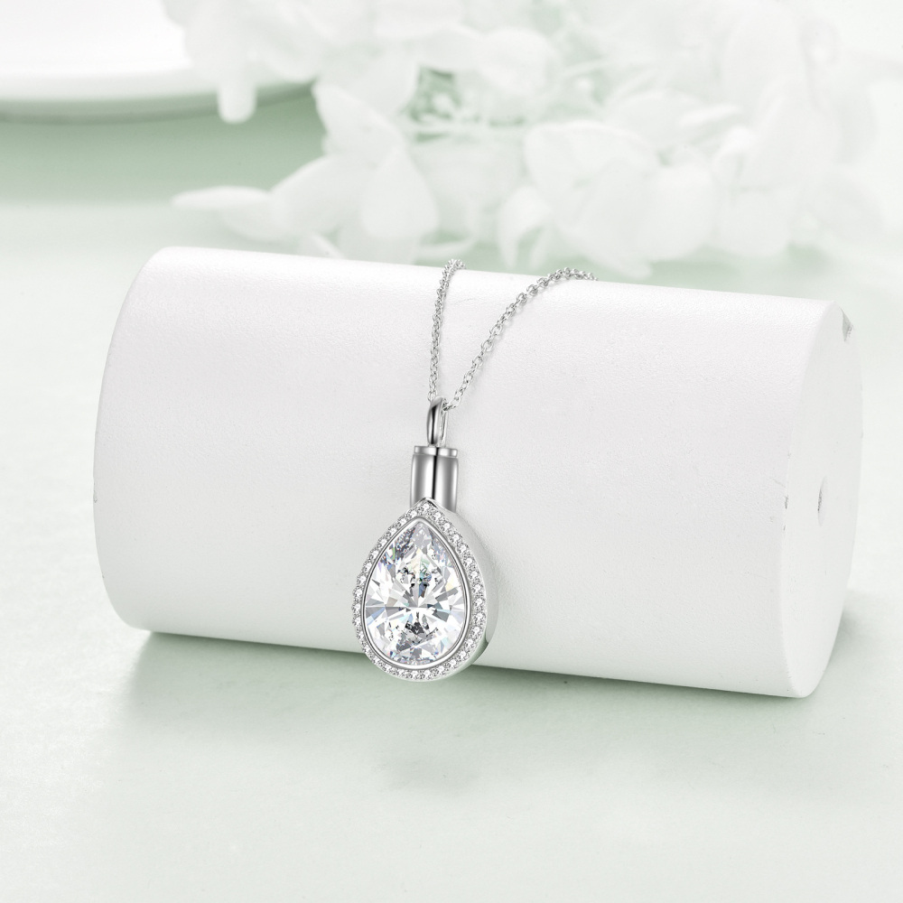Sterling Silver Cubic Zirconia Tear Drop Shape Urn Necklace for Ashes-3