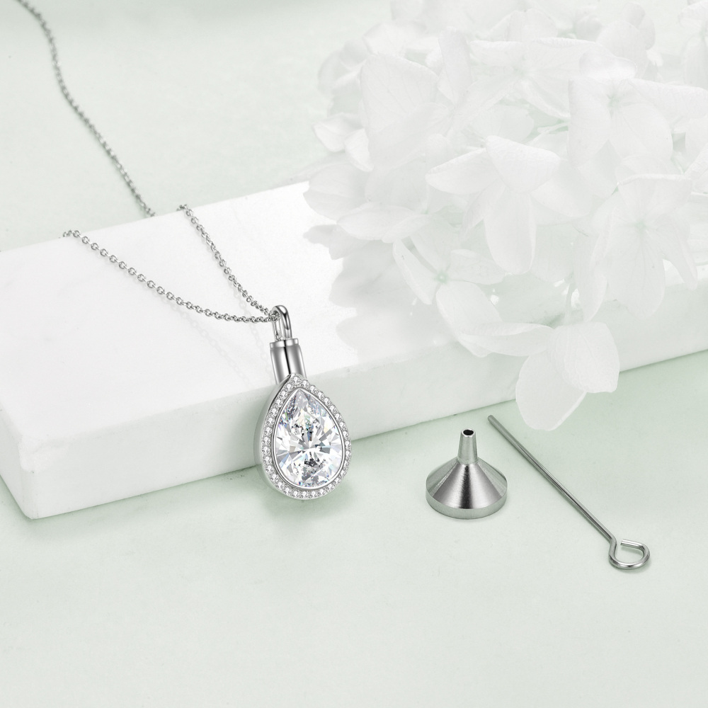 Sterling Silver Cubic Zirconia Tear Drop Shape Urn Necklace for Ashes-4