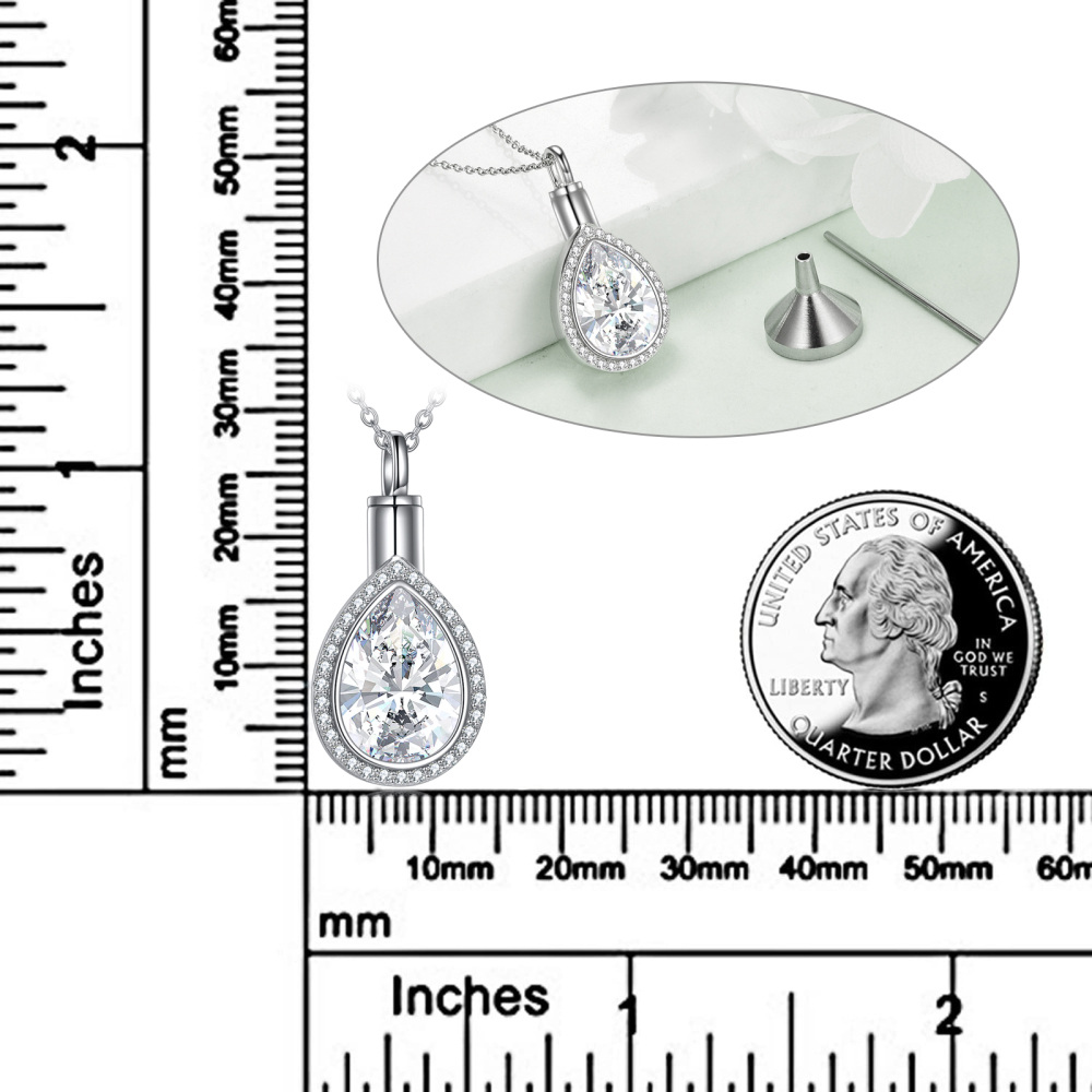 Sterling Silver Cubic Zirconia Tear Drop Shape Urn Necklace for Ashes-5