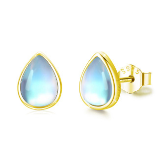 Sterling Silver with Yellow Gold Plated Moonstone Drop Shape Stud Earrings-49