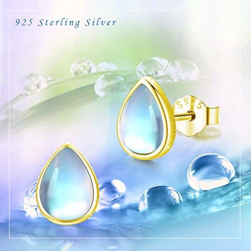 Sterling Silver with Yellow Gold Plated Moonstone Drop Shape Stud Earrings-6