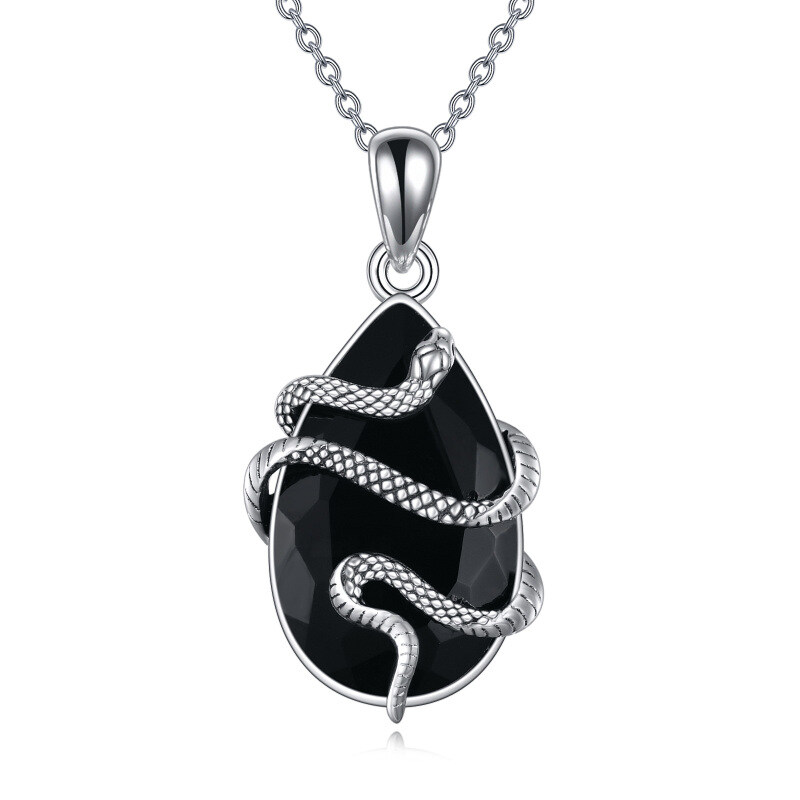 Sterling Silver Teardrop/Pear-shaped Agate Snake Pendant Necklace