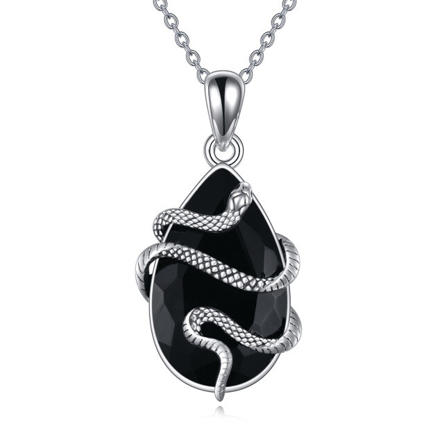 Sterling Silver Teardrop/Pear-shaped Agate Snake Pendant Necklace-2