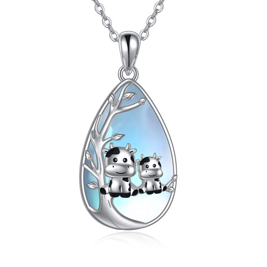 Sterling Silver Teardrop/Pear-shaped Moonstone Cow & Drop Shape Pendant Necklace