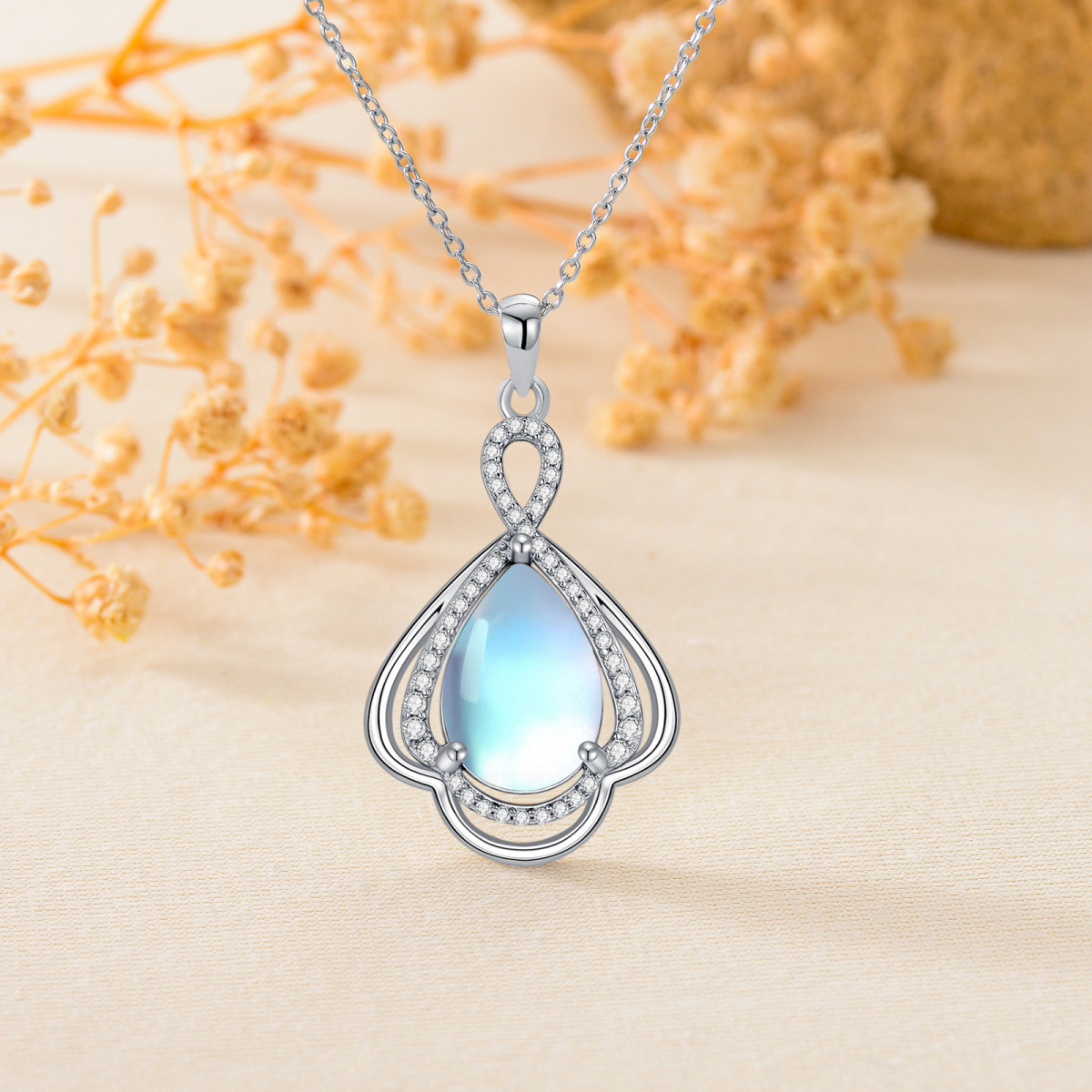 Sterling Silver Teardrop/Pear-shaped Moonstone Drop Shape Pendant Necklace-3