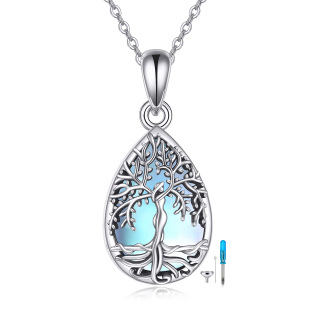 Sterling Silver Teardrop/Pear-shaped Moonstone Tree Of Life & Drop Shape Urn Necklace for Ashes with Engraved Word-23