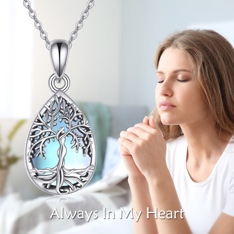 Sterling zilveren teardrop/parelvormige maansteen levensboom & druppelvormige urnenketting voor as met gegraveerd woord-3